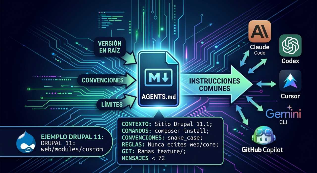 Portada del artículo «AGENTS.md: un solo archivo para todos tus agentes de IA» en saibher.com
